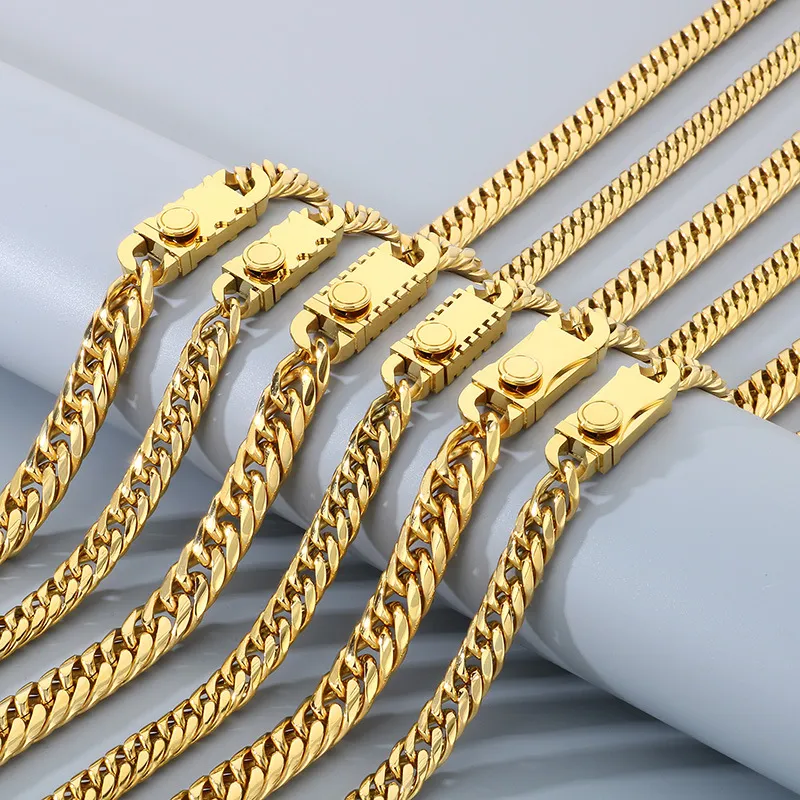 Personalized Double-Knitted Round Polished Button Bracelet, European and American Fashion Double-Knitted Denim Chain Polished Stainless Steel Men's Necklace Set