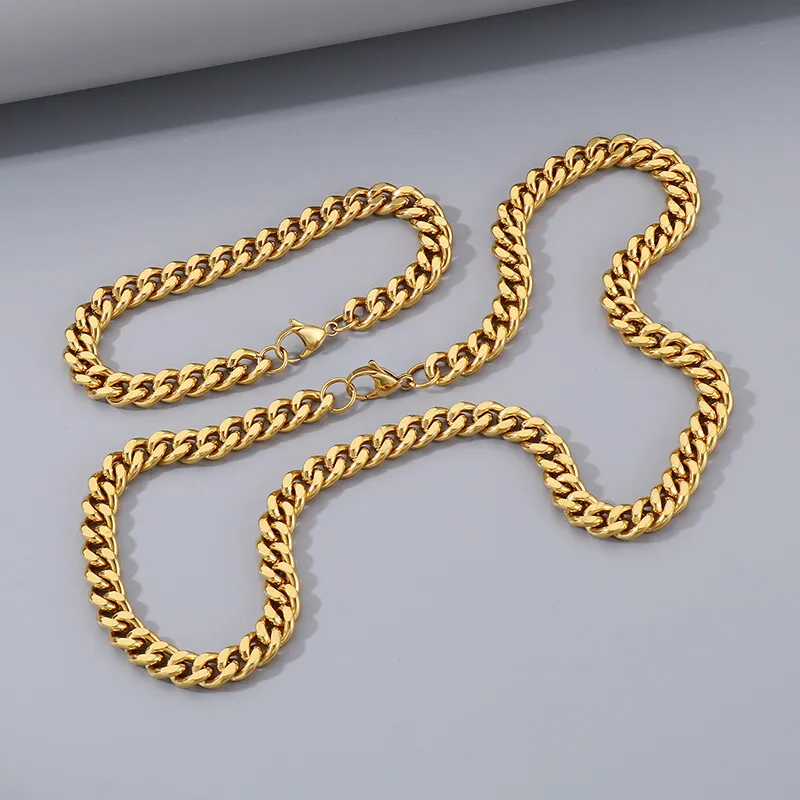 Hip Hop Style Stainless Steel Double-Sided Grinding Multi Size Cuban Chain Lobster Buckle Fashion Bracelet&Necklace Set