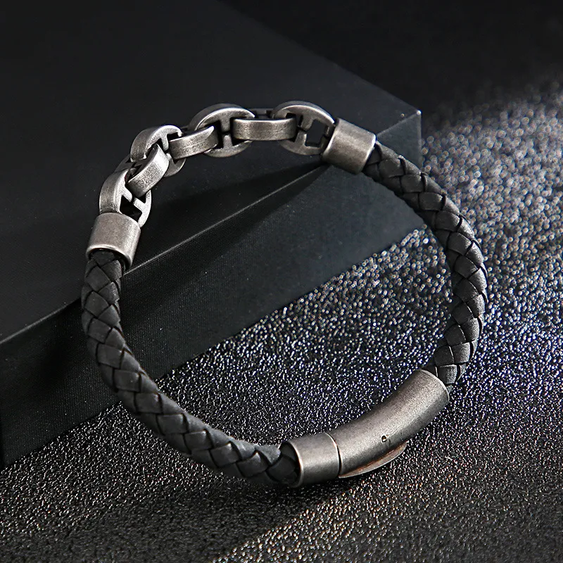 Trendy and Personalized Stainless Steel Cowhide Woven Chain Men's Leather Bracelet