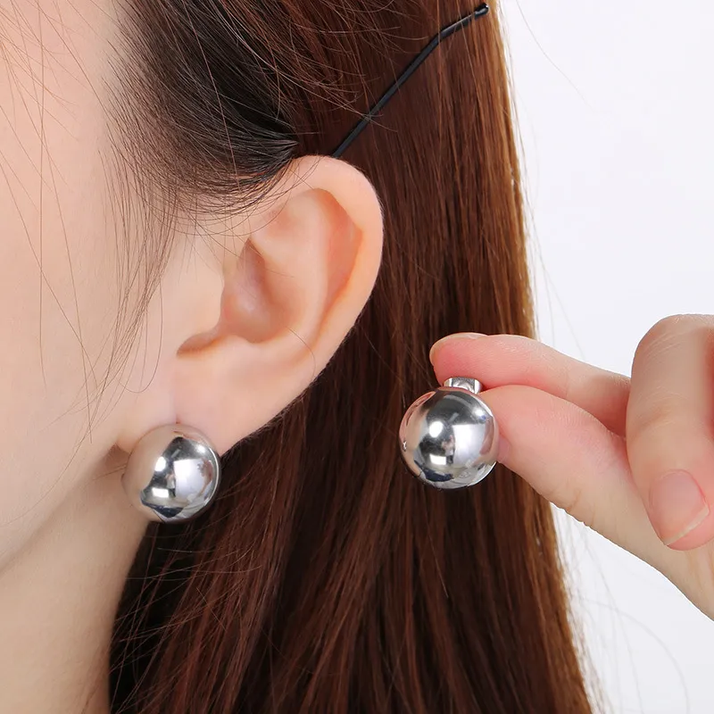 Polished Spherical Semi-Hollow Stud Earrings Hollow Round Stainless Steel Earrings Women