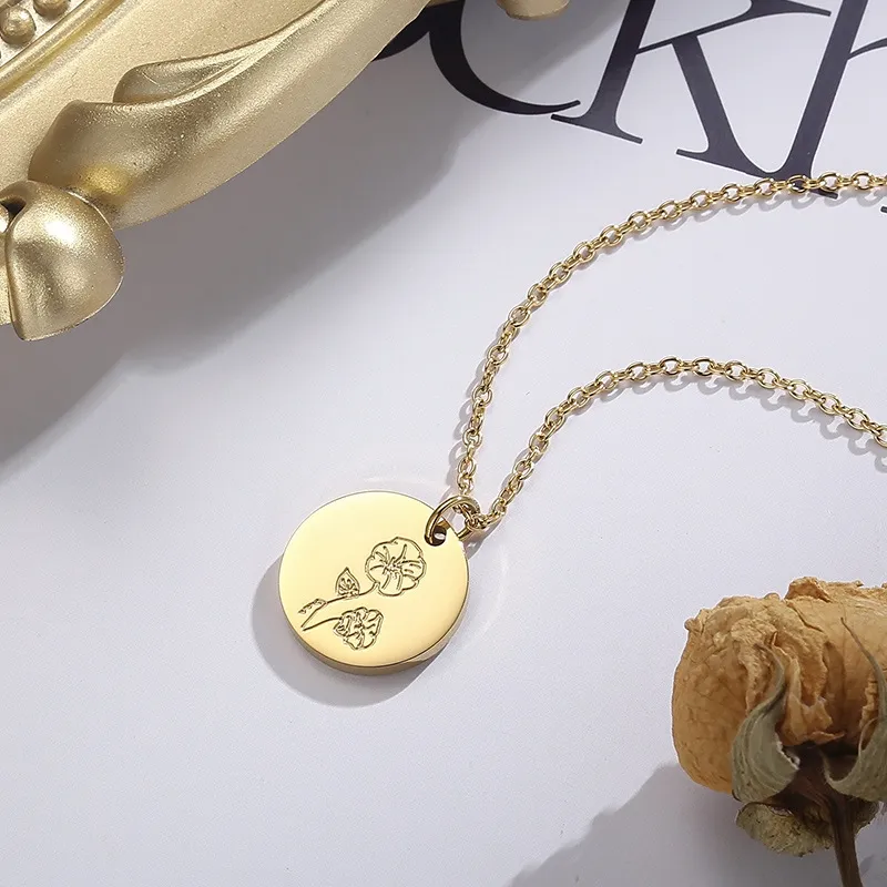 Stainless Steel Birth Flower Pendant Necklace for Mother's Day Gift