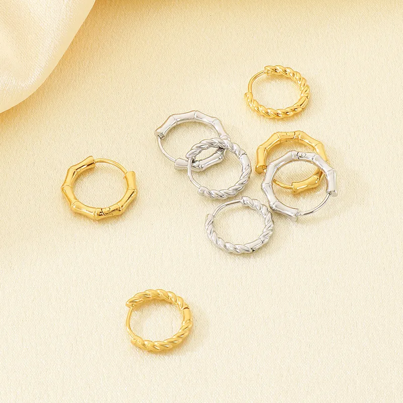 Bamboo Joint Stainless Steel Earrings Twist Hoop Earrings Minimalist Unisex Daily Jewelry