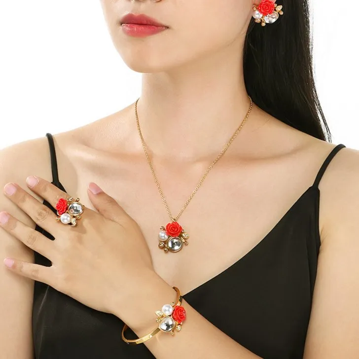 Luxurious Four-Piece Rings Bracelets Jewelry Set with Pearl and Rose Inlays