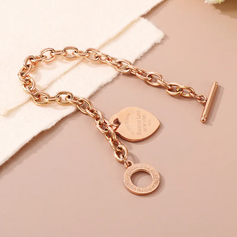 Ins Ot Clasp Heart Bracelet O-Chain Letter Peach Heart Stainless Steel Jewelry Set