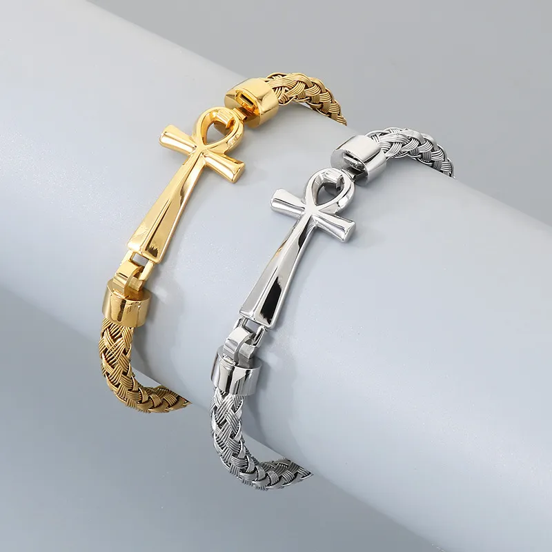 Men's Trendy Stainless Steel Cross Accessories Steel Wire Braided Bangle Jewelry Wholesale