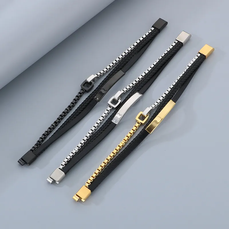 Stainless Steel Chain Leather Rope Woven Bracelet Multi-Layer Woven Leather Bracelet Popular Magnetic Buckle Bracelet