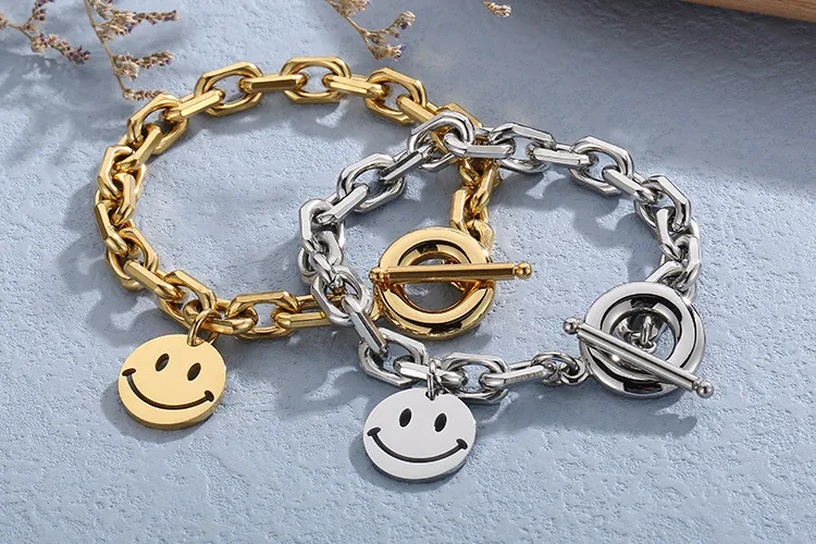 Stainless Steel Exaggerated Personality Creative Smiling Face Ot Buckle Bracelet Necklace Set for Women's Jewelry
