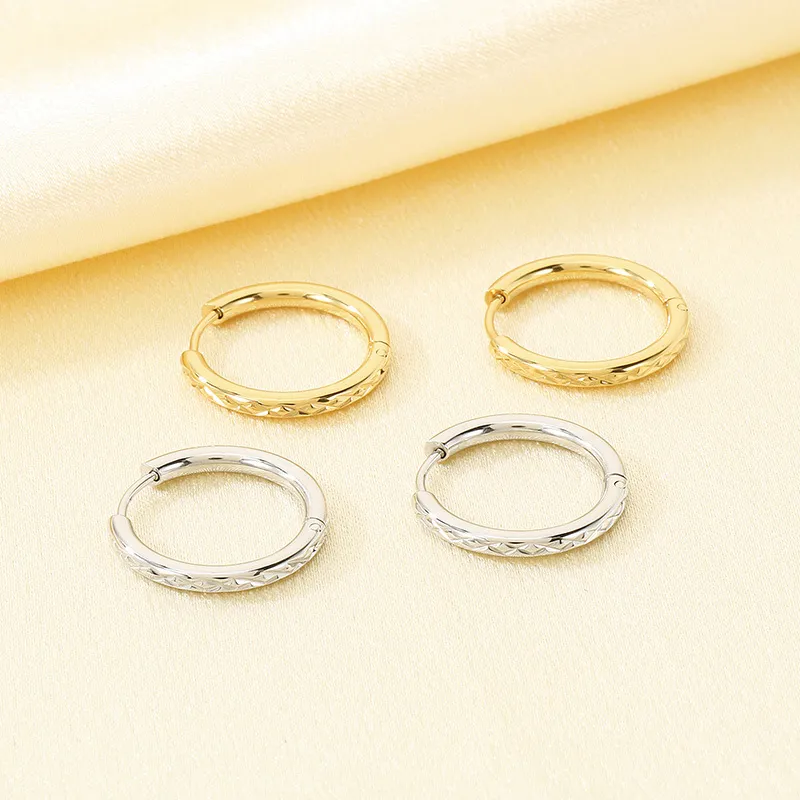 Korean Fresh Textured Geometric Hoop Stainless Steel Huggie Earrings Daily Jewelry Summer