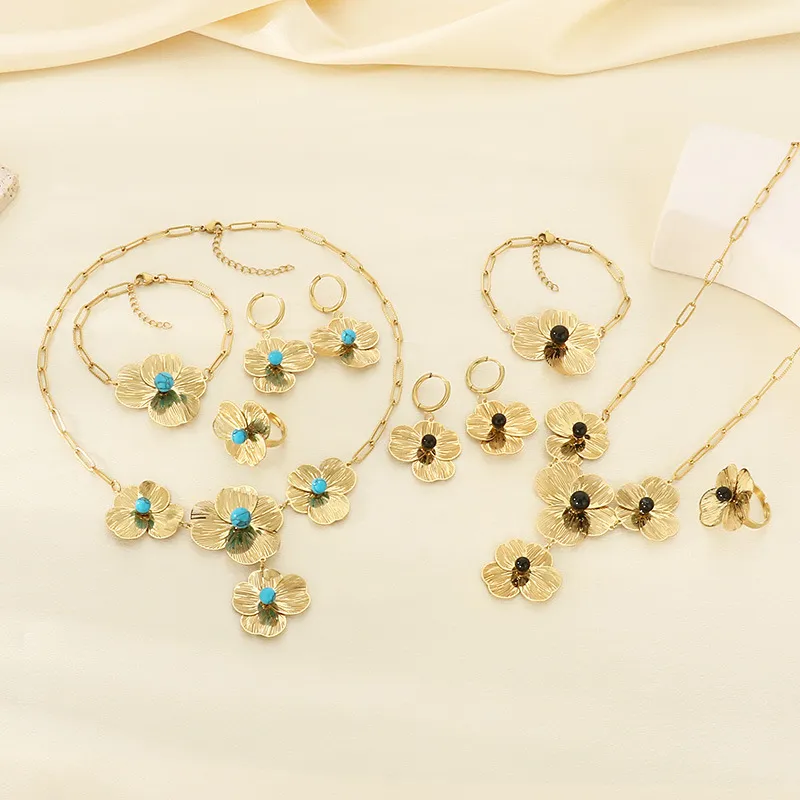 Retro Hollow Floral Core Flower Jewelry Set Tassel Stainless Steel 4-Piece Jewelry Set