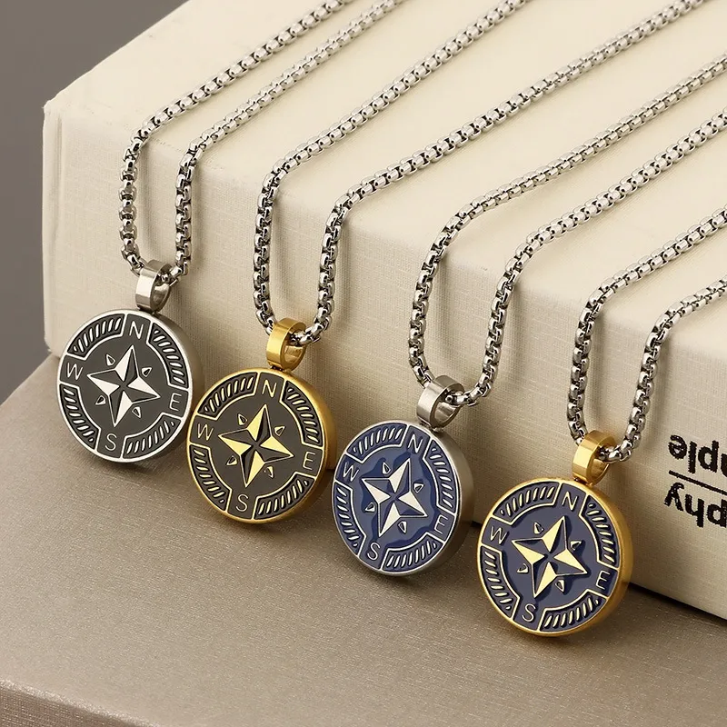 Couple Necklace, Stainless Steel Sailing Ship Anchor, Starry Sea Compass, Male Pendant, Personalized Niche Compass Design, Sweater Chain