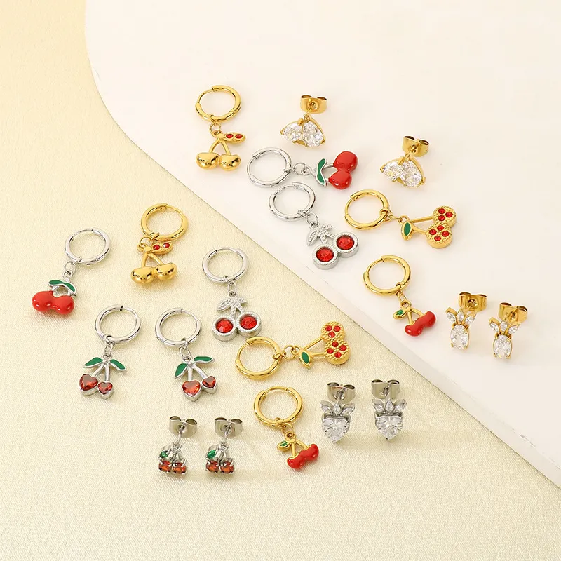 Stainless Steel Strawberry Cherry Shaped Earrings Suitable for Daily Wear as Women's Jewelry