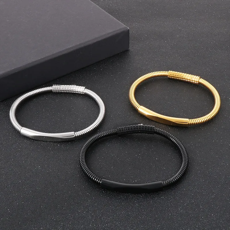 Trendy Men's Stainless Steel Polished Geometric Curved Plate with Engraved Logo Circular Ring Snake Bone Bracelet