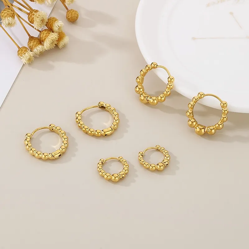 Fashionable and High-End Women's Jewelry Stainless Steel Creative Size Round Bead Circle Earrings