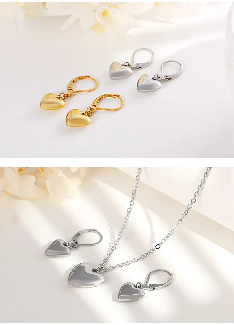 Minimalist Style Stainless Steel Heart-Shaped Pendant Earrings Necklace Set Jewelry Women's Accessories