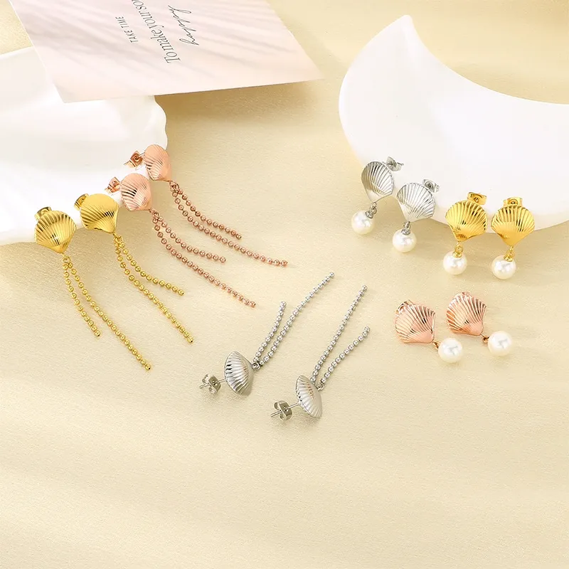 Ins Metal Shell Pearl Tassel Stainless Steel Earrings European Summer Vacation Jewelry Women