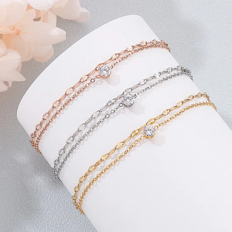 Cubic Adjustable Stainless Steel Chain Link Double-Layer Women's Bracelet