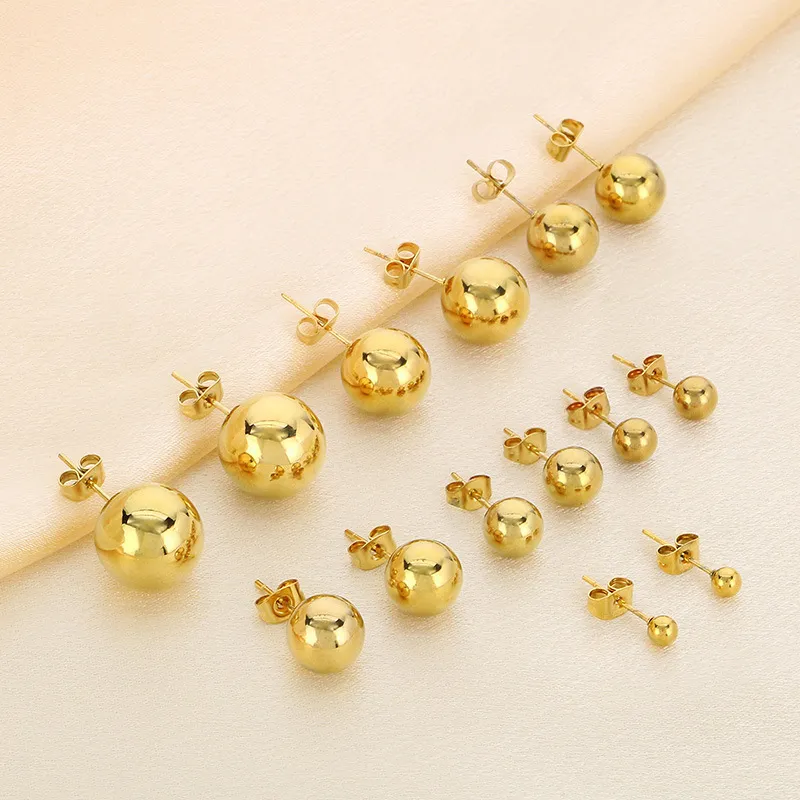 Fashion Style Stainless Steel Plated 18K Gold Solid Hollow Spherical Round Earrings for Women