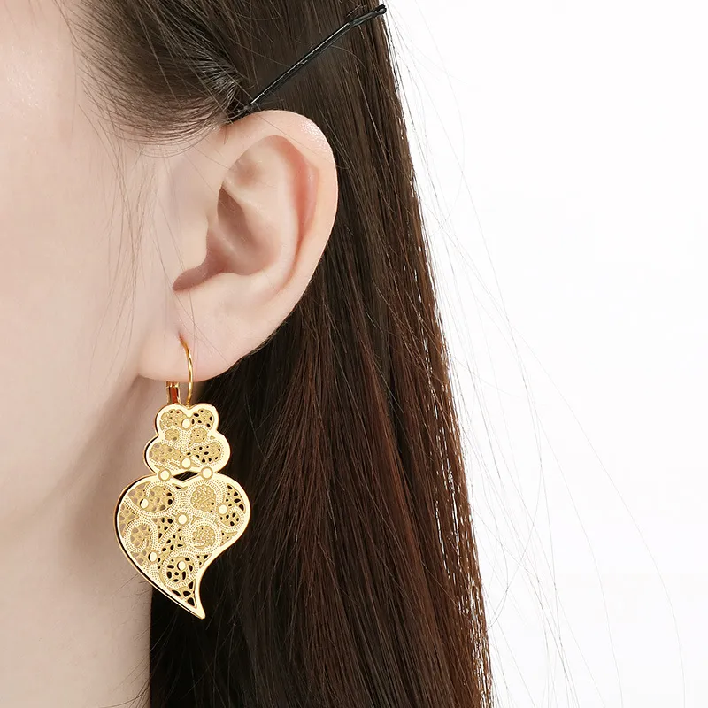 Hollow Metal Heart Leaf Stainless Steel Earrings Vintage Ethnic Water Drop Jewelry Women