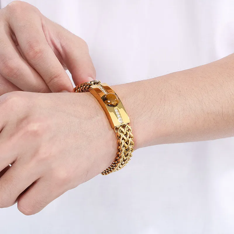 Fashion Tiger Eye Stone Rhinestones Inlaid Mens Bracelets Stainless Steel Chain Bracelets