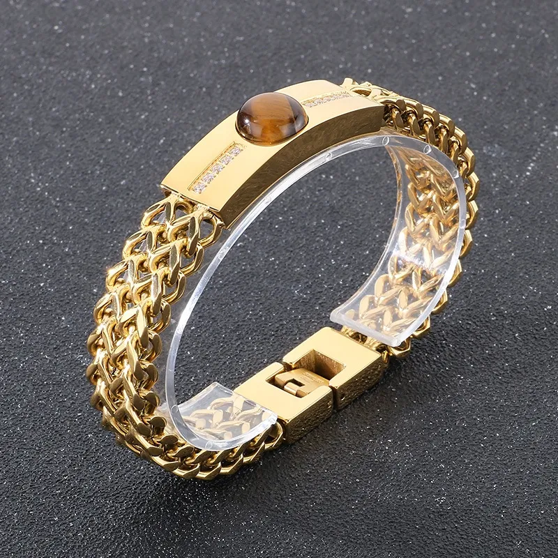 Fashion Tiger Eye Stone Rhinestones Inlaid Mens Bracelets Stainless Steel Chain Bracelets