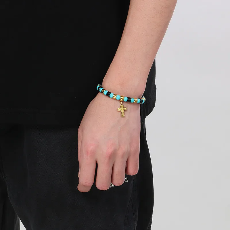 Bohemian Ins Style Colorful Turquoise Men's and Women's Bead Bracelets, Niche Design, Personalized Cross Titanium Steel Bracelet