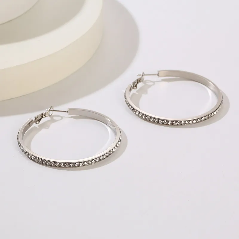 Trendy Statement Earrings Geometric Round Hollow Rhinestone-Embedded Stainless Steel Hoops Women Wholesale