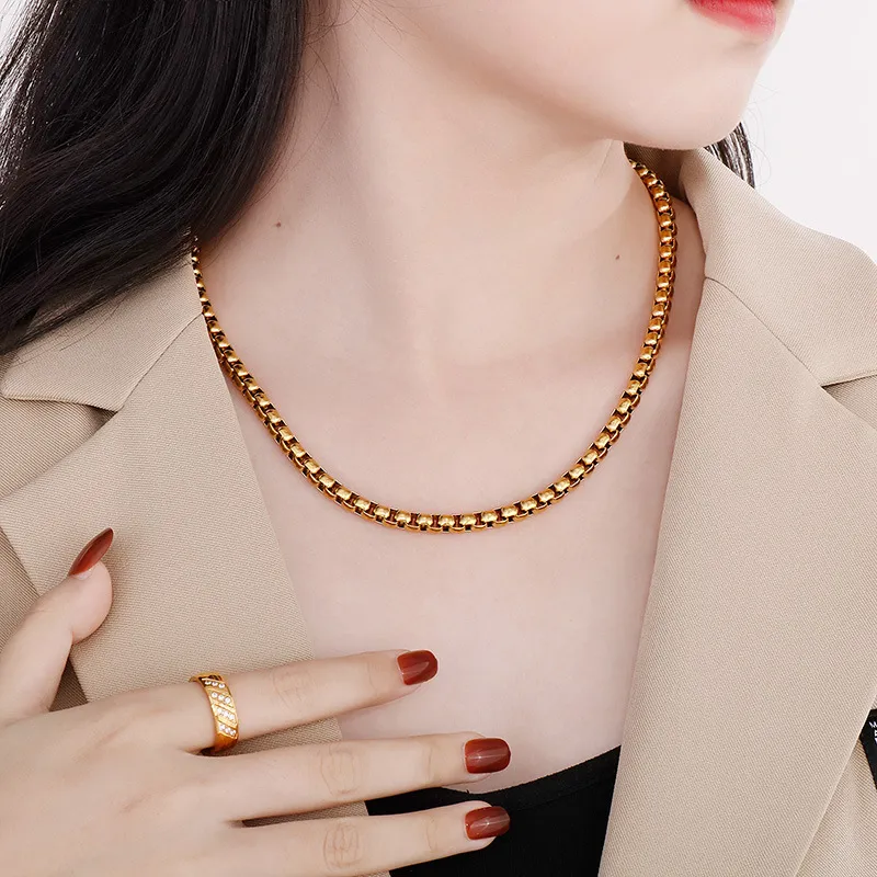18K Gold Plated Square Pearl Necklace Stainless Steel Multi-Spec Pendant Chain