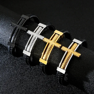 European and American Fashion Punk Cross Men's Stainless Steel Creative Woven Leather Bracelet