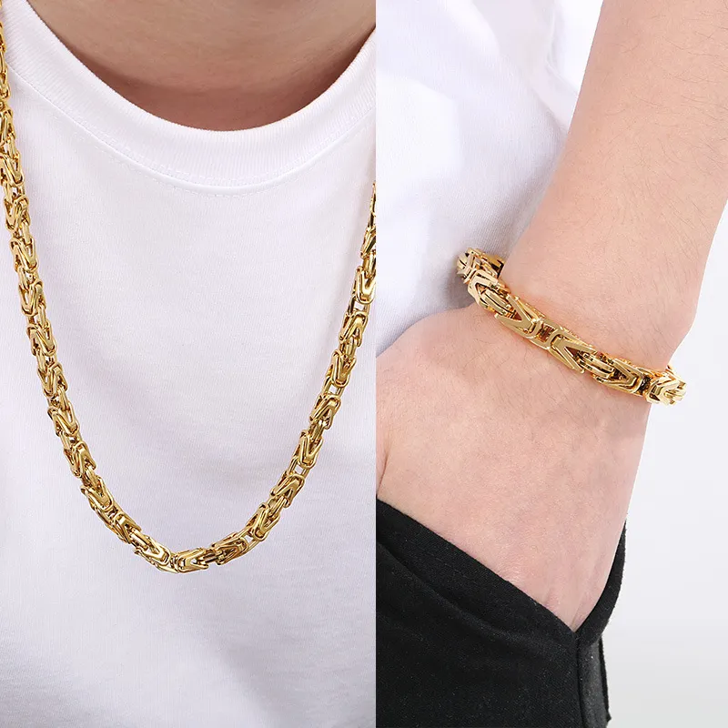Hip Hop Street Fashion Stainless Steel Front and Back Chain Splicing Emperor Chain Charm Men's Bracelet&Necklace