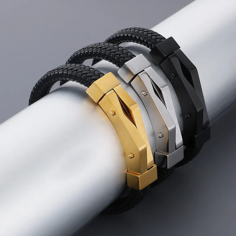 New Stainless Steel Geometric Men's Leather Bracelet Wholesale Personalized Fashion Bracelet