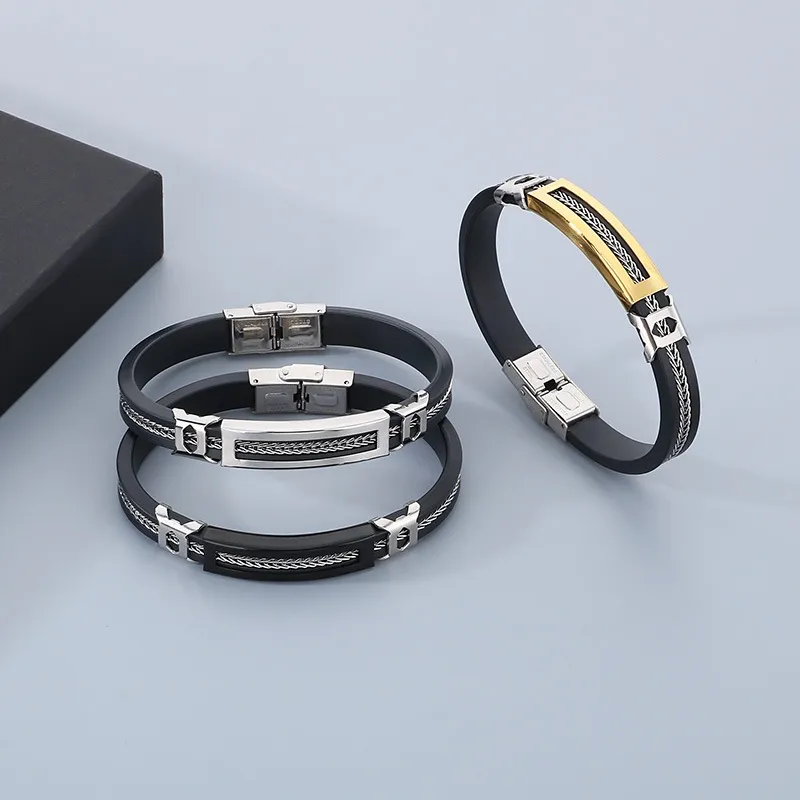 European and American Style Silicone Paired with Stainless Steel Bracelet for Fashionable Men's Jewelry