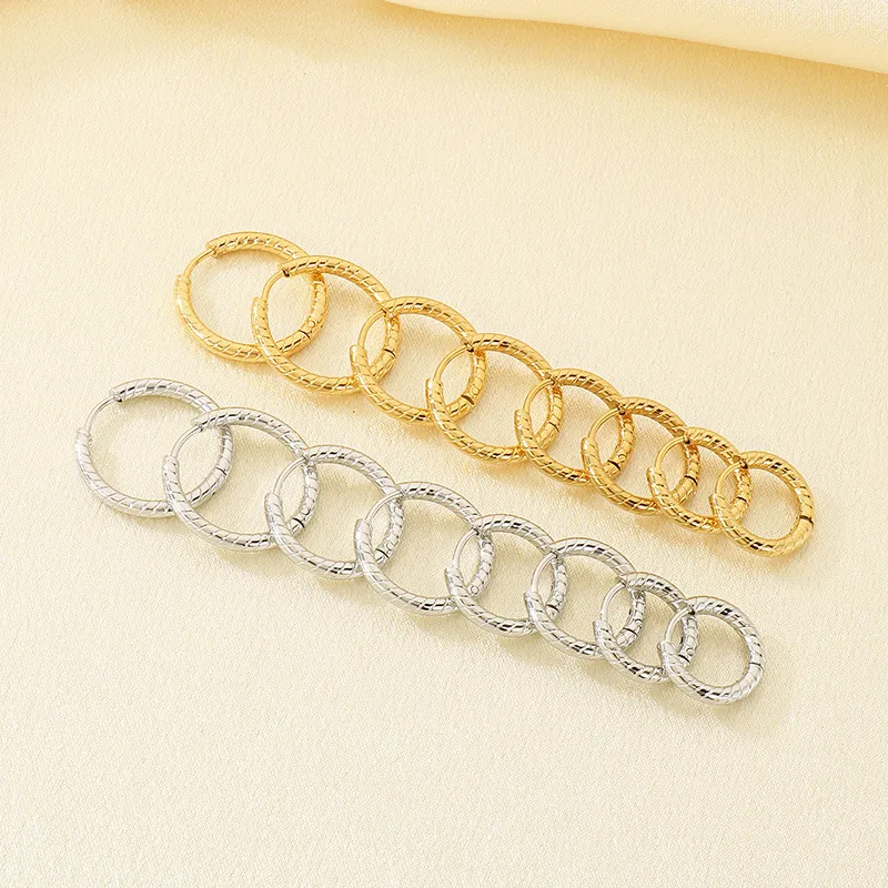 European Ins Striped Plain Round Stainless Steel Huggie Earrings Unisex Versatile Hoops Earrings