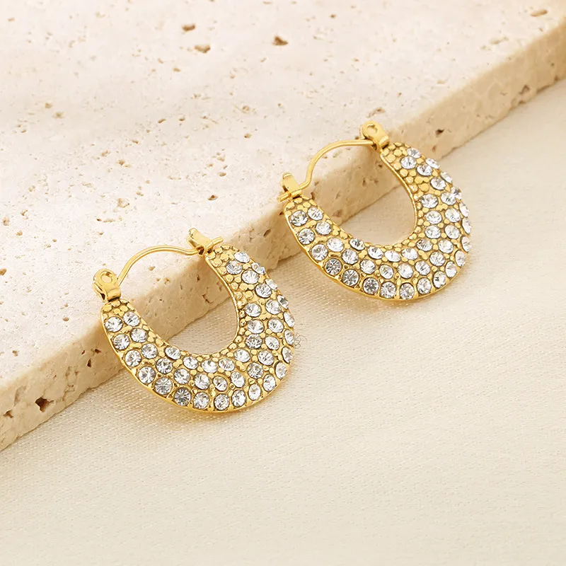 Popular Full Rhinestone Oval Stainless Steel Huggie Earrings Elegant Geometric Jewelry Wholesale