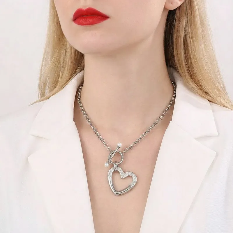 Fashionable Hollowed-out Diamond-Encrusted Heart Pendant Women's Stainless Steel Necklace and Earring Set