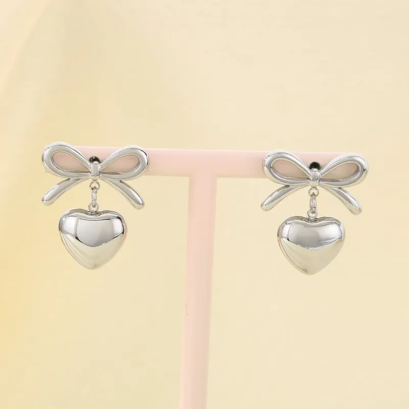 Fashion Earrings 18K Gold-Plated Stainless Steel Ribbon Bow Heart Sweet Temperament Studs Earrings