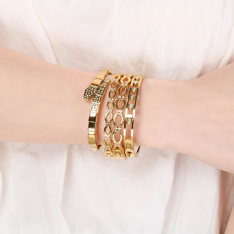 Geometric Hollow Stainless Steel Diamond-Encrusted Women's Bangles