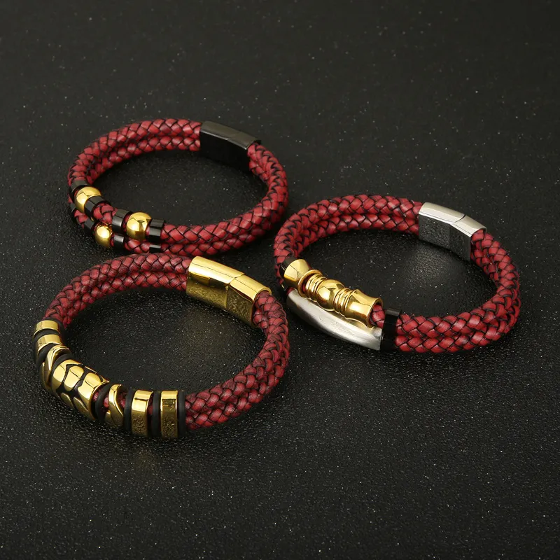 Men's Fashion Stainless Steel Metal Accessories Double-Layer Braided Leather Rope Bracelet