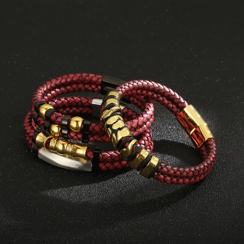 Men's Fashion Stainless Steel Metal Accessories Double-Layer Braided Leather Rope Bracelet