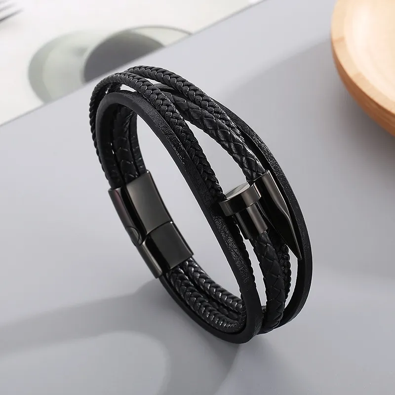 Jewelry Wholesale Stainless Steel Nails Creative Multi-Layer Woven Leather Bracelet