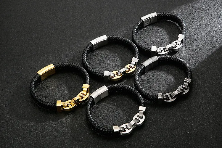 Trendy Men's Jewelry Stainless Steel Geometric Chain Splicing Woven Cowhide Leather Bracelet