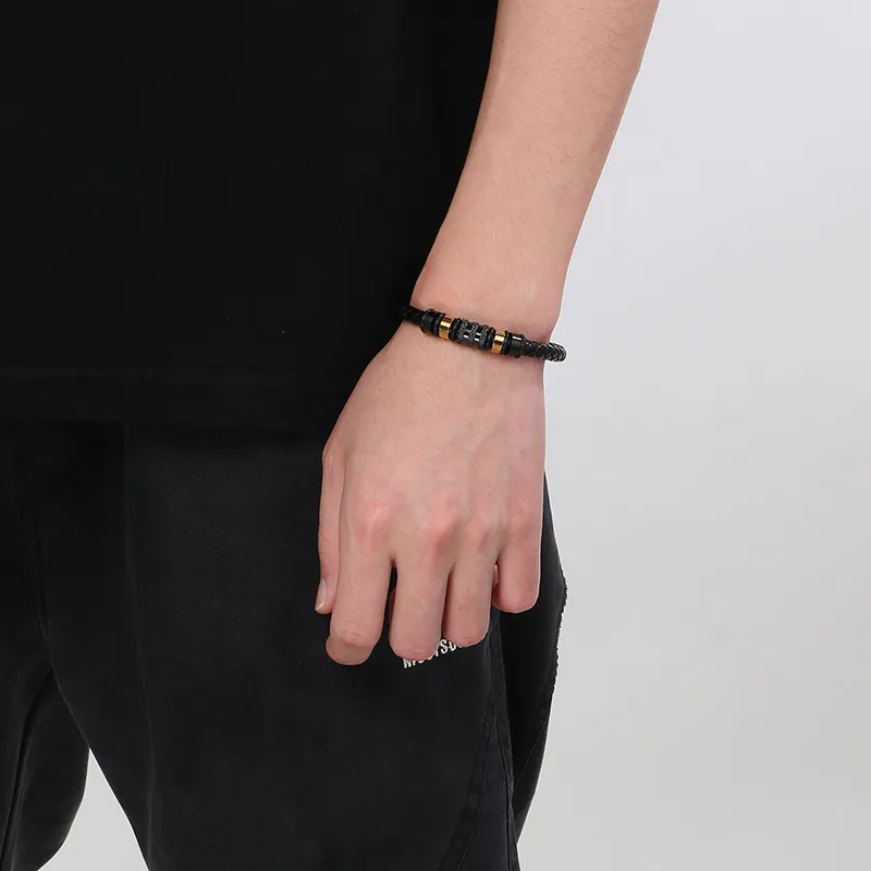 Minimalist and Trendy Stainless Steel Magnetic Buckle Bracelet Woven Leather Bracelet for Men