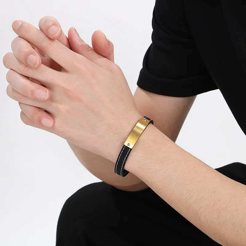 Jewelry Wholesale Men's Trendy Stainless Steel Geometric Curved Plate with Logo Engraved Leather Bracelet