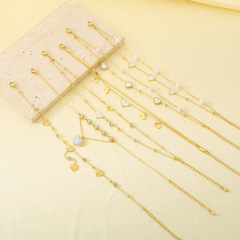 Stainless Steel Paired with Shell Heart-Shaped Element Anklet Chain, Fashionable Women's Jewelry