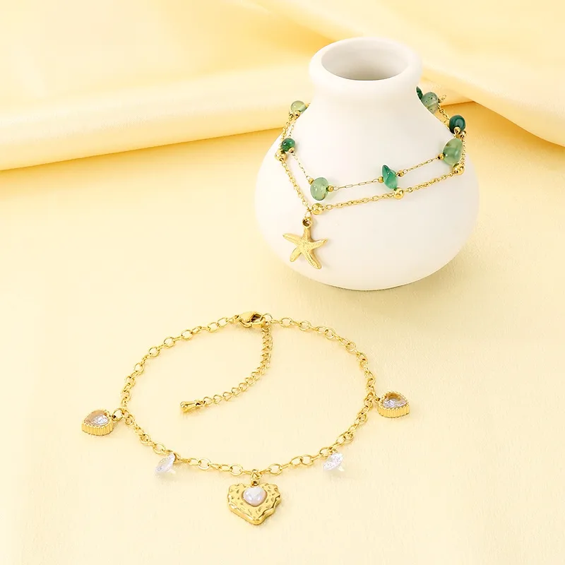 Stainless Steel Anklet Chain with Heart-Shaped Starfish Element Foot Decoration