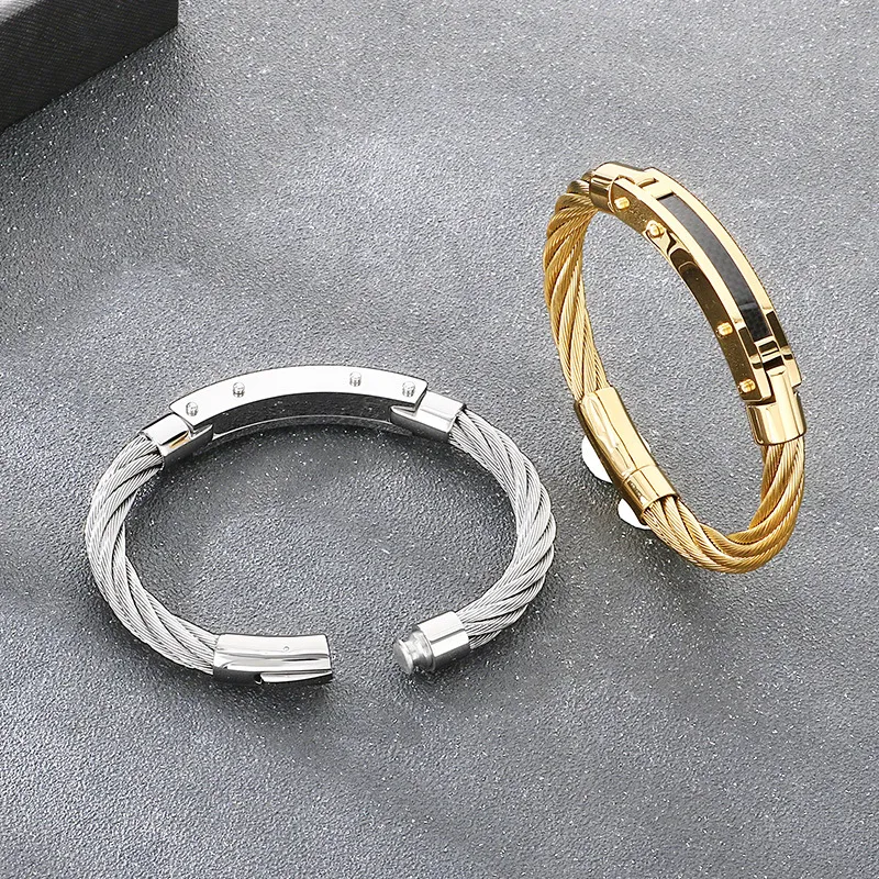 Punk Retro Style Stainless Steel Wire Cable Bent Plate Domineering Men's Bangle