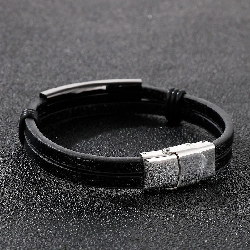 Stainless Steel Geometric Curved Plate Engraved Men's Woven Double-Layer Leather Bracelet Jewelry Wholesale
