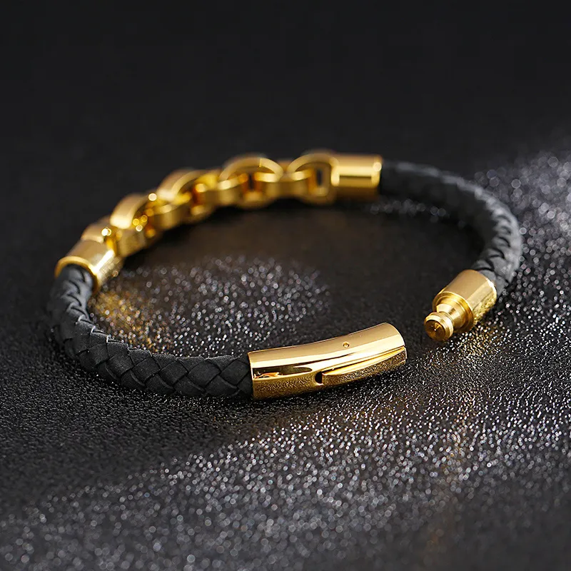 Men's Trendy Stainless Steel Braided Leather Rope Splicing Chain Domineering Leather Bracelet