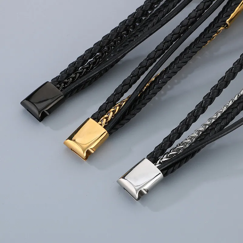 Men's Geometric Personalized Stainless Steel Magnet Buckle Multi Layer Braided Leather Bracelet Jewelry Wholesale