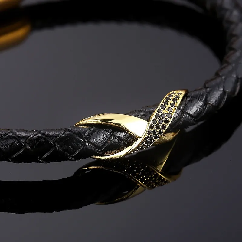 Men's Trendy Stainless Steel Magnetic Buckle Creative Diamond Inlaid 8-Shaped Retro Woven Leather Rope Bracelet