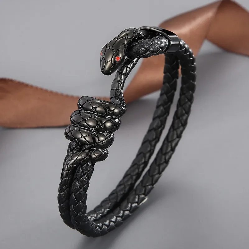 Fashionable Stainless Steel Winding Snake Animal Connection Hand Rope Woven Leather Men's Bracelet